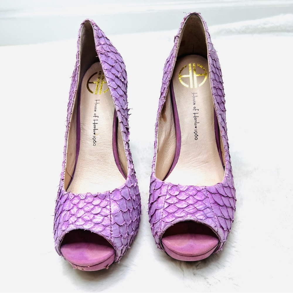 HOUSE OF HARLOW Leather Lilac Purple Peep Toe Python Pearl Pumps Heels S… - Picture 3 of 15